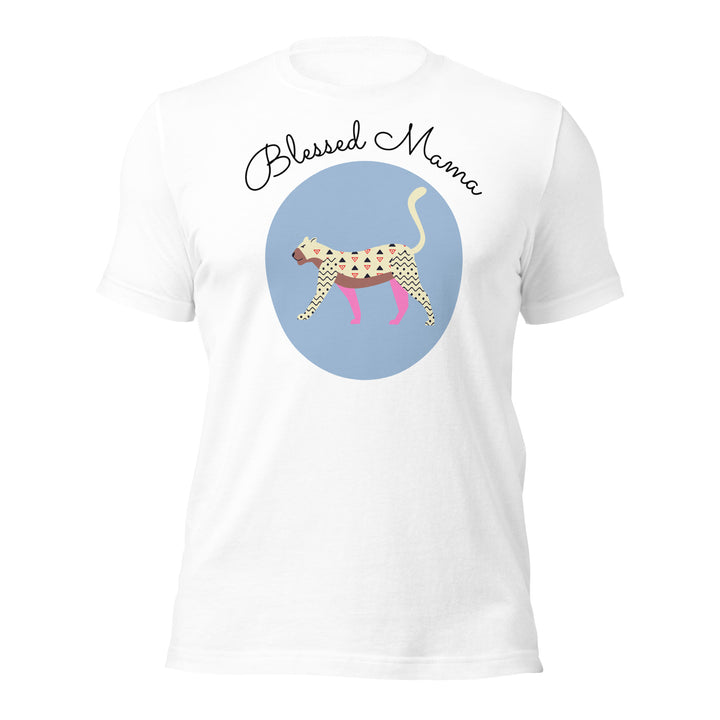 Blessed mama, walking tiger in baby blue. Short sleeve t shirt.