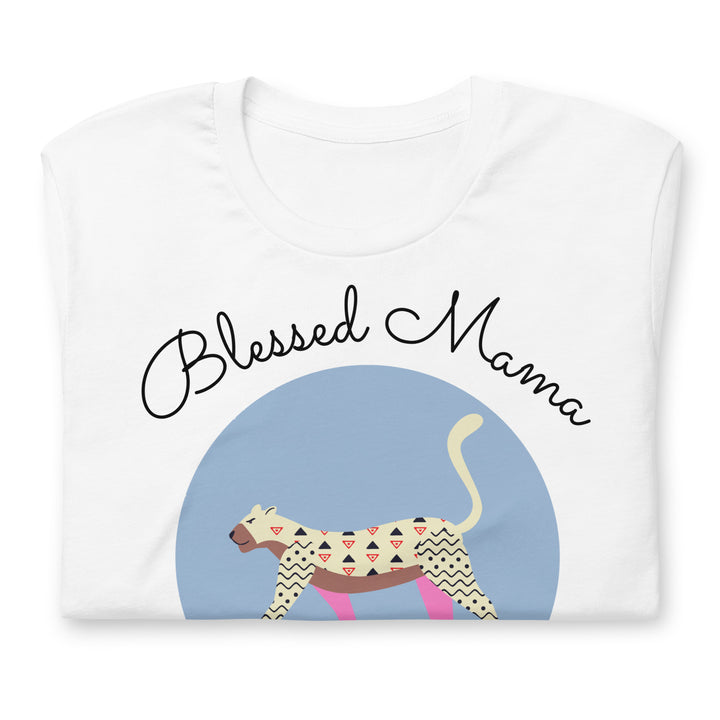 Blessed mama, walking tiger in baby blue. Short sleeve t shirt.