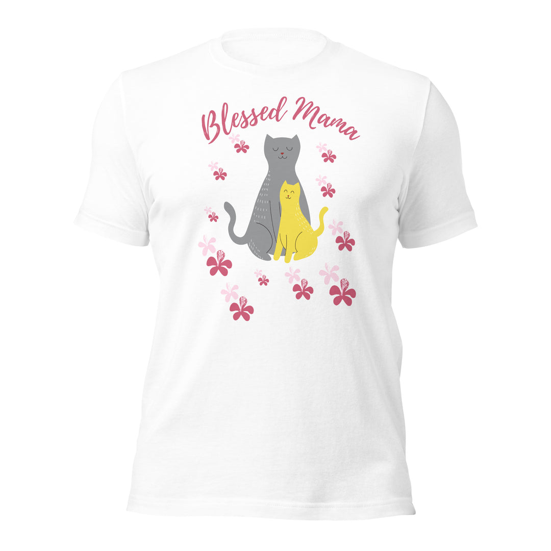 Blessed mama, cat and kitten, in grey and yellow. Short sleeve t shirt for mamas.