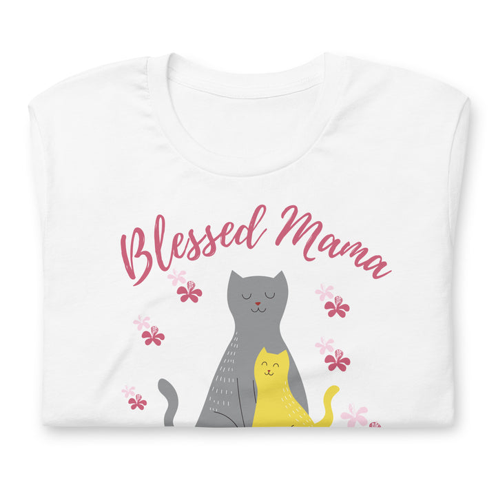 Blessed mama, cat and kitten, in grey and yellow. Short sleeve t shirt for mamas.