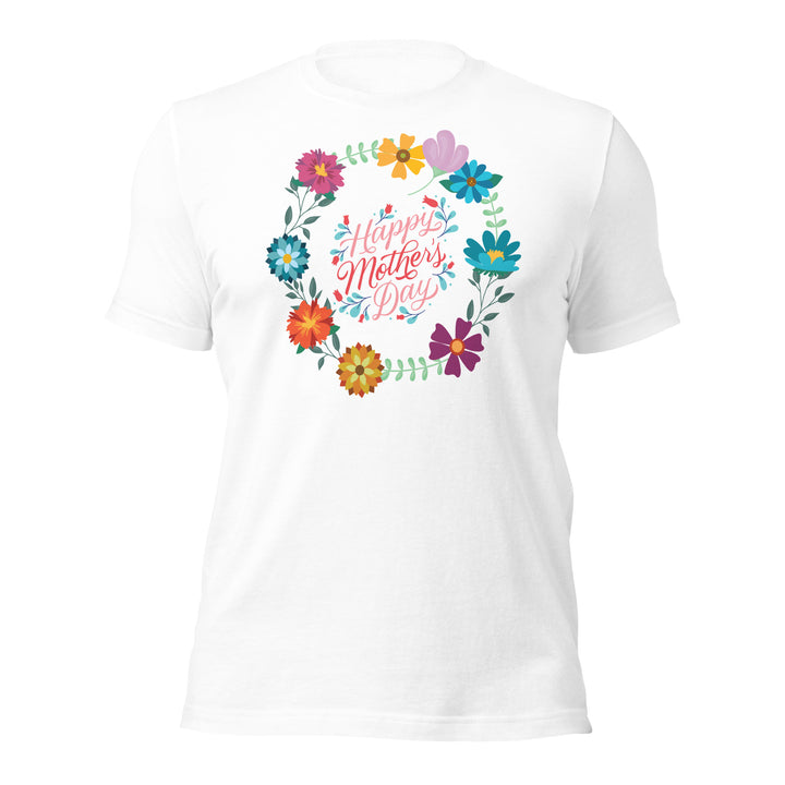 Happy Mother's Day with a circle of flowers. Short sleeve t shirt for mamas.