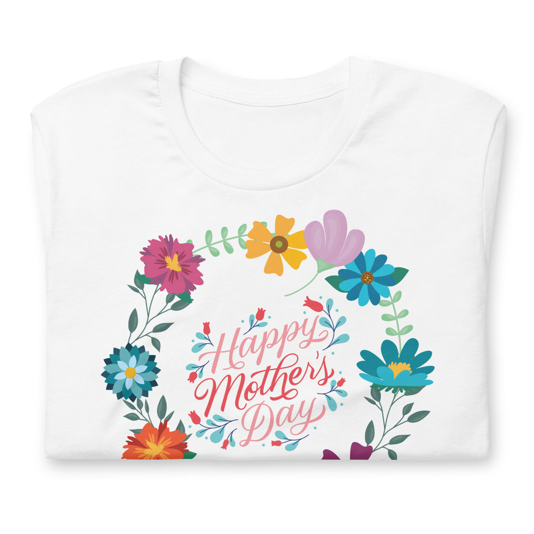 Happy Mother's Day with a circle of flowers. Short sleeve t shirt for mamas.