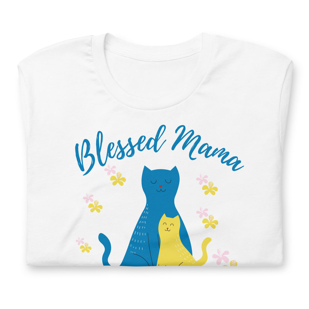 Blessed mama, cat and kitten, in blue and yellow. The bond between a mother and her child.