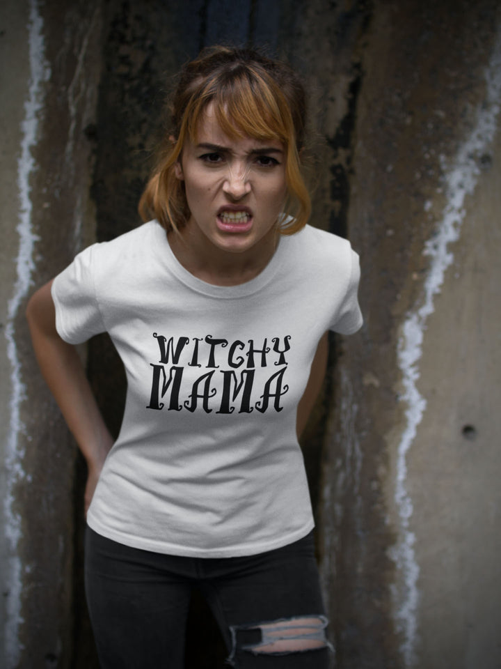 Witchy mama, in black letters. Short sleeve t-shirt for women.