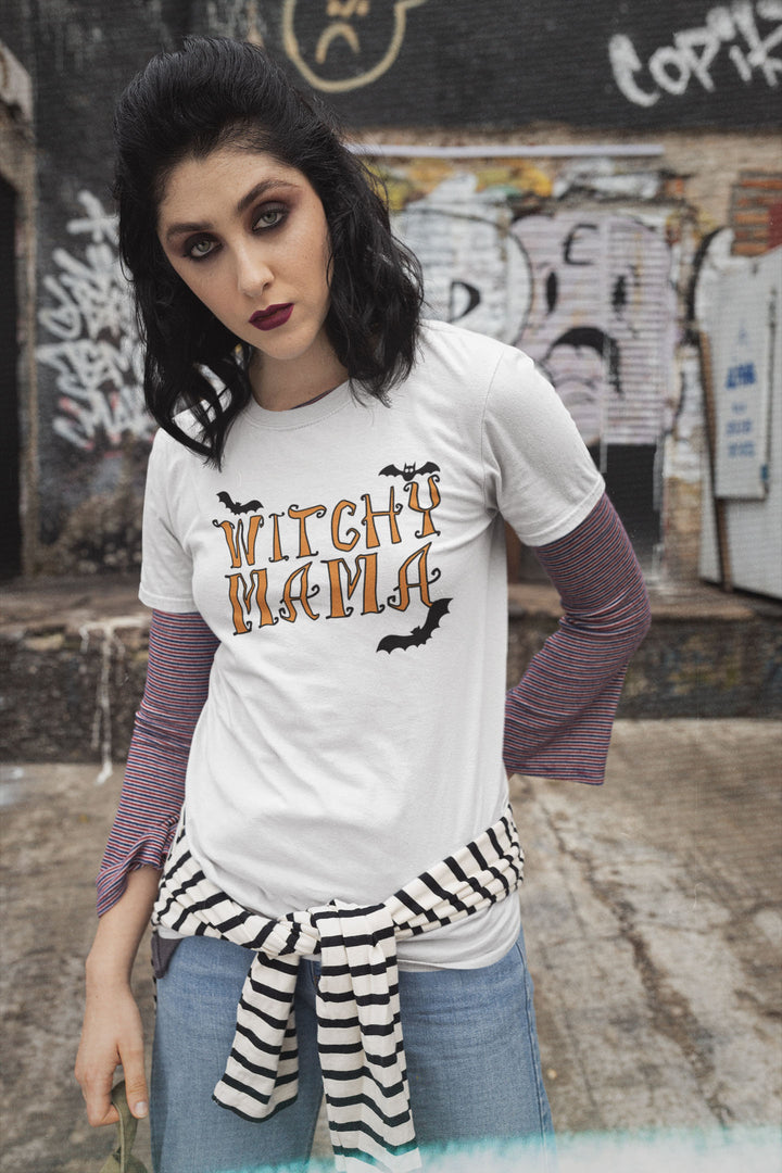Witchy mama Halloween Letters With Bats. Short sleeve t-shirt for women.