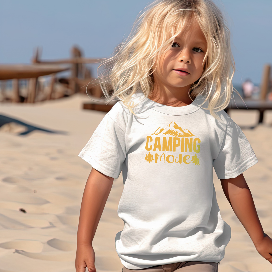 Camping Mode Yellow. Short Sleeve T Shirt For Toddler And Kids. - TeesForToddlersandKids -  t-shirt - camping - camping-mode-yellow-short-sleeve-t-shirt-for-toddler-and-kids