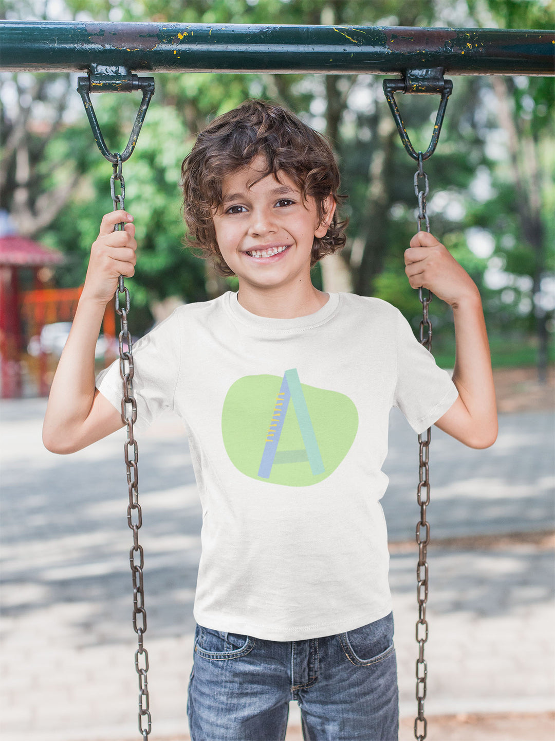 A Letter Alphabet Blue Light Green. Short Sleeve T-shirt For Toddler And Kids.