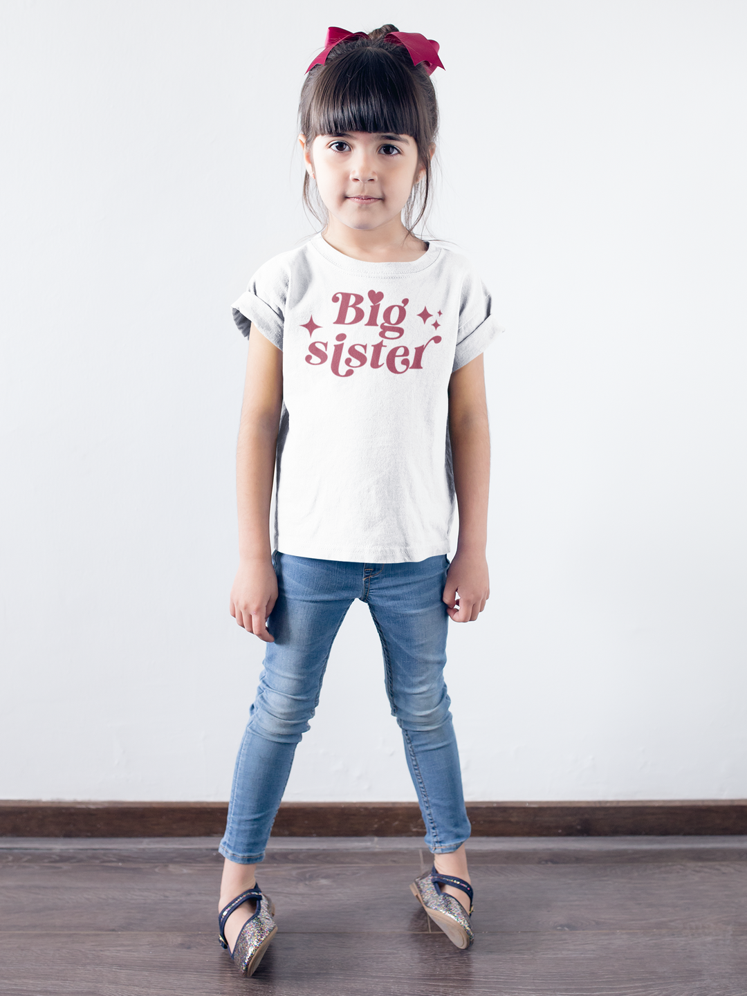 Big sister in red with stars. T-shirt for toddler and kids. - TeesForToddlersandKids -  t-shirt - sibling - big-sister-in-red-with-stars-t-shirt-for-toddler-and-kids