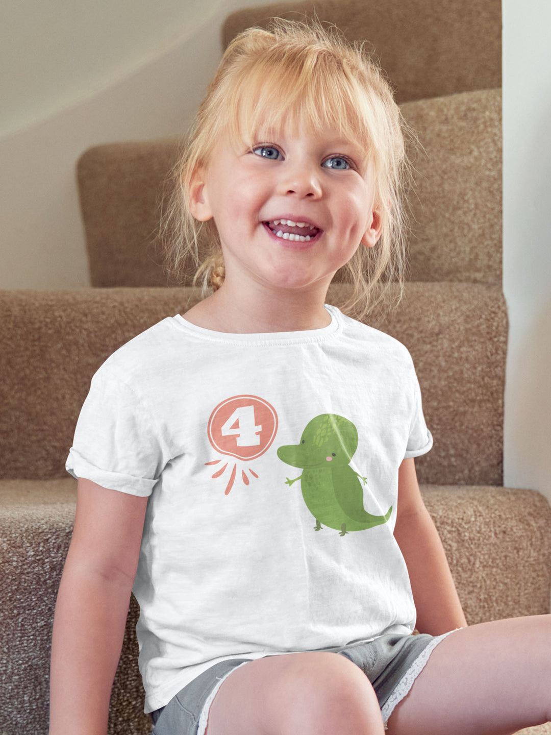 4 Year Birthday Dino Coral. Short Sleeve T Shirt For Toddler And Kids. - TeesForToddlersandKids -  t-shirt - birthday - 4-year-birthday-dino-coral-short-sleeve-t-shirt-for-toddler-and-kids