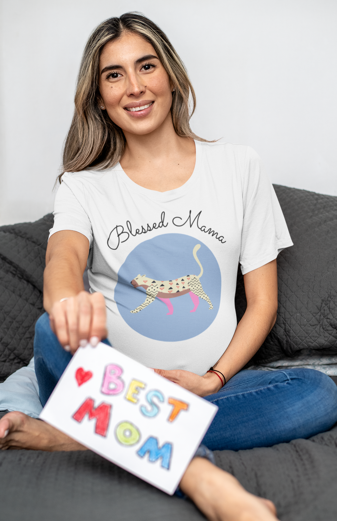 Blessed mama, walking tiger in baby blue. Short sleeve t shirt. - TeesForToddlersandKids -  t-shirt - MAMA - blessed-mama-walking-tiger-in-baby-blue-short-sleeve-t-shirt