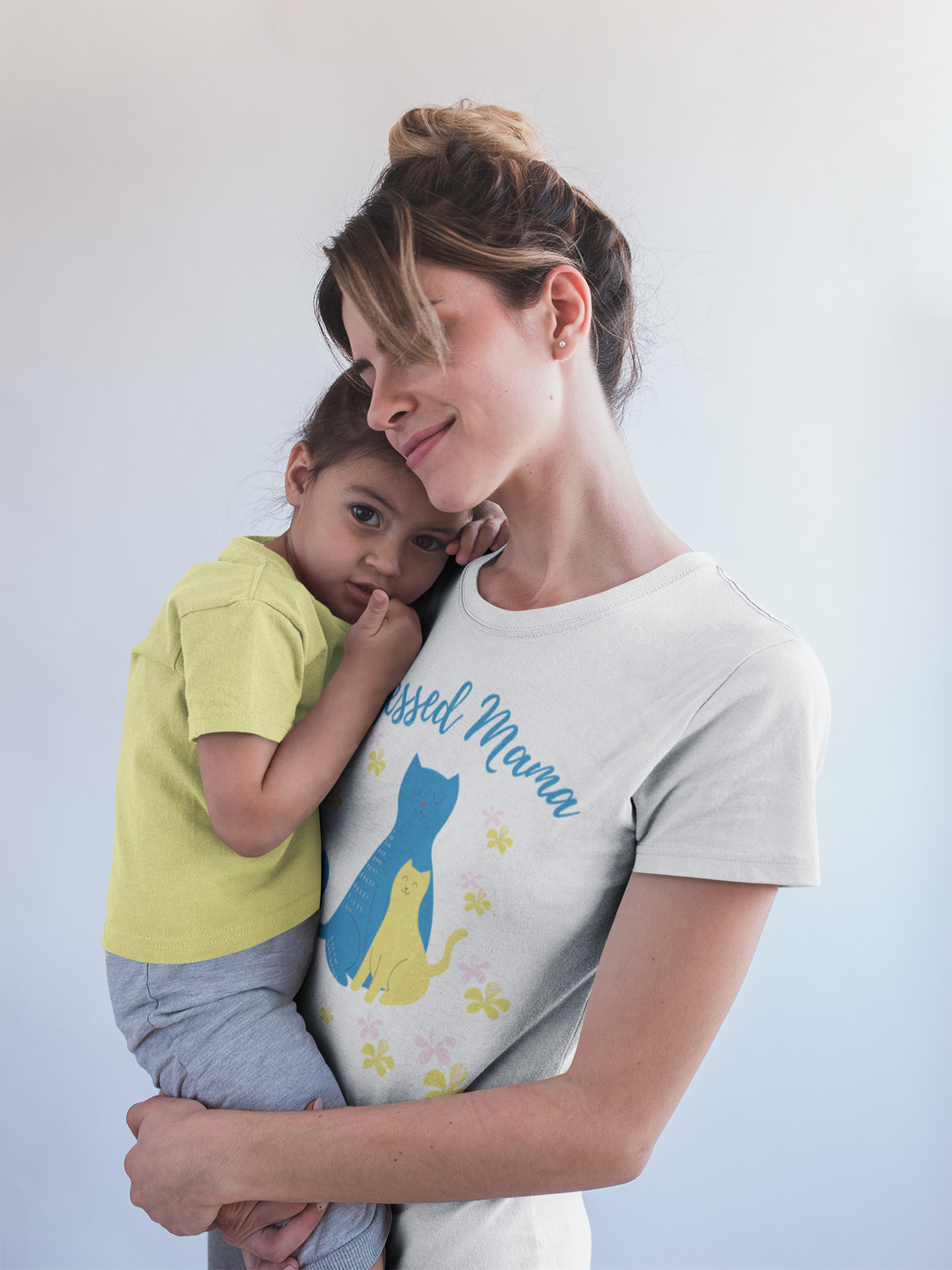 Blessed mama, cat and kitten, in blue and yellow. Short sleeve t shirt for mamas. - TeesForToddlersandKids -  t-shirt - MAMA - blessed-mama-cat-and-kitten-blue-and-yellow-short-sleeve-t-shirt