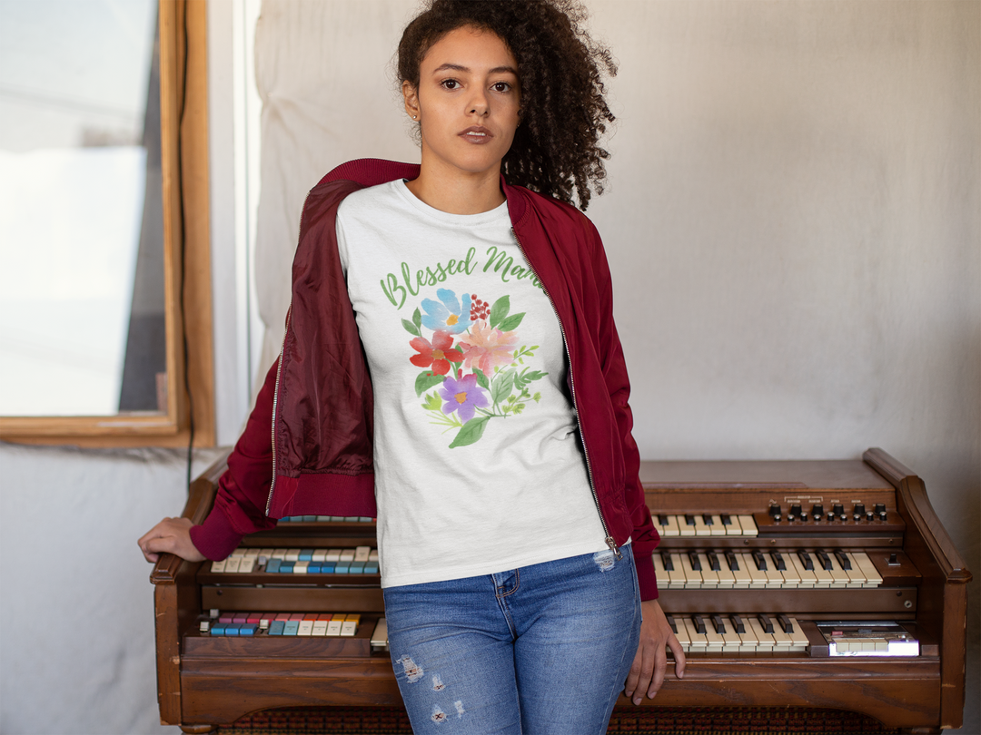 Blessed mama, watercolor flowers. Short sleeve t-shirt for mamas. - TeesForToddlersandKids -  t-shirt - MAMA - blessed-mama-watercolor-flowers-short-sleeve-t-shirt