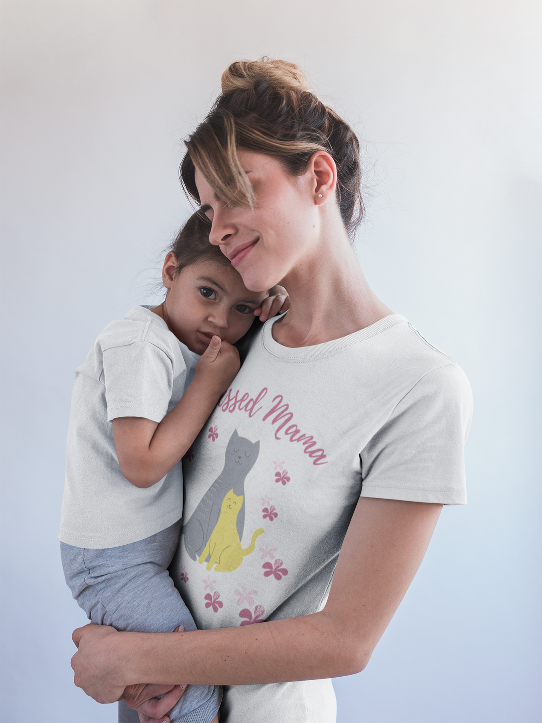 Blessed mama, cat and kitten, in grey and yellow. Short sleeve t shirt for mamas. - TeesForToddlersandKids -  t-shirt - MAMA - blessed-mama-cat-and-kitten-grey-and-yellow-short-sleeve-t-shirt