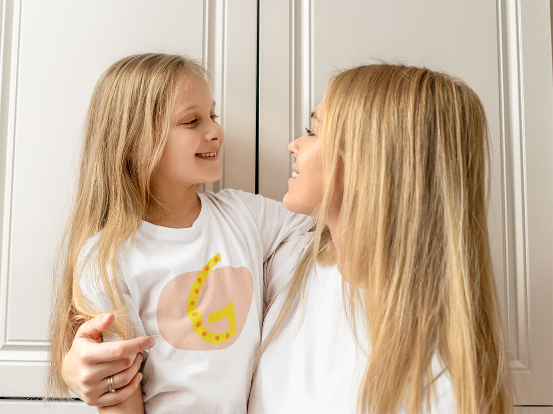 G Letter Alphabet Yellow Nude. Short Sleeve T-shirt For Toddler And Kids.