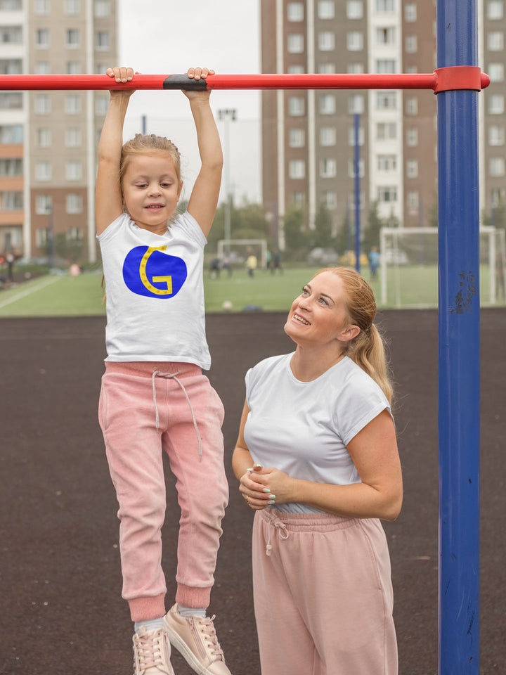 G Letter Alphabet Yellow Blue. Short Sleeve T-shirt For Toddler And Kids.