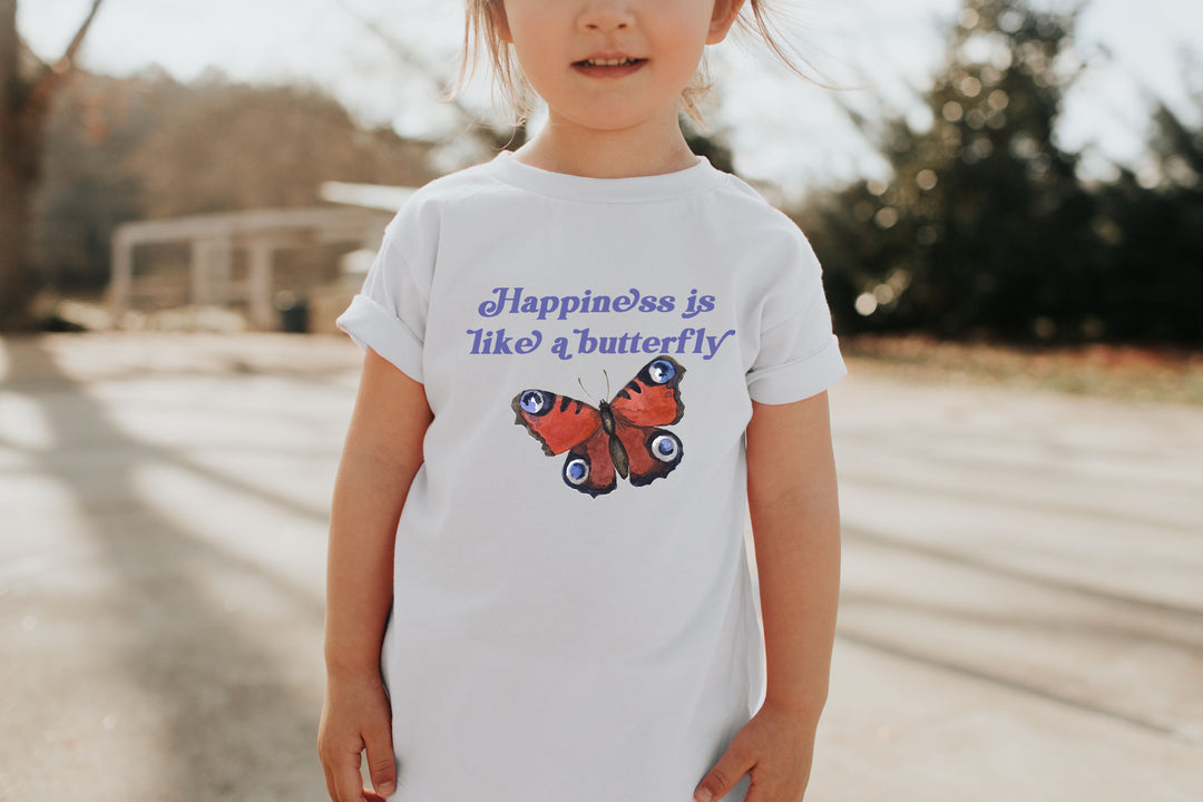 Happiness Is Like A Butterfly Red. Short Sleeve T Shirt For Toddler And Kids. - TeesForToddlersandKids -  t-shirt - positive - happiness-is-like-a-butterfly-red-short-sleeve-t-shirt-for-toddler-and-kids