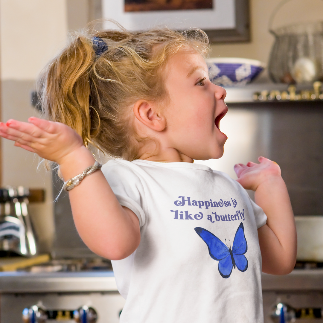 Happiness Is Like A Butterfly Blue. Short Sleeve T Shirt For Toddler And Kids. - TeesForToddlersandKids -  t-shirt - positive - happiness-is-like-a-butterfly-blue-short-sleeve-t-shirt-for-toddler-and-kids