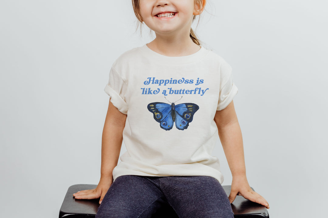 Happiness Is Like A Butterfly Clear Blue. Short Sleeve T Shirt For Toddler And Kids. - TeesForToddlersandKids -  t-shirt - positive - happiness-is-like-a-butterfly-clear-blue-short-sleeve-t-shirt-for-toddler-and-kids