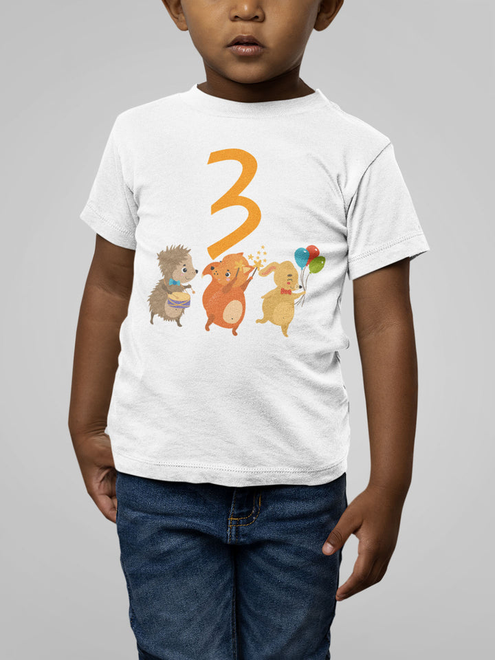 3 Year Birthday Dog Fox Rabbit Cute. Short Sleeve T Shirt For Toddler And Kids. - TeesForToddlersandKids -  t-shirt - birthday - 3-year-birthday-dog-fox-rabbit-cute-short-sleeve-t-shirt-for-toddler-and-kids