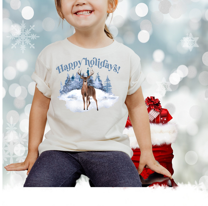 Happy holidays with forest deer. Short sleeve t shirt for toddler and kids. - TeesForToddlersandKids -  t-shirt - christmas, holidays - happy-holidays-with-forest-deer-short-sleeve-t-shirt-for-toddler-and-kids