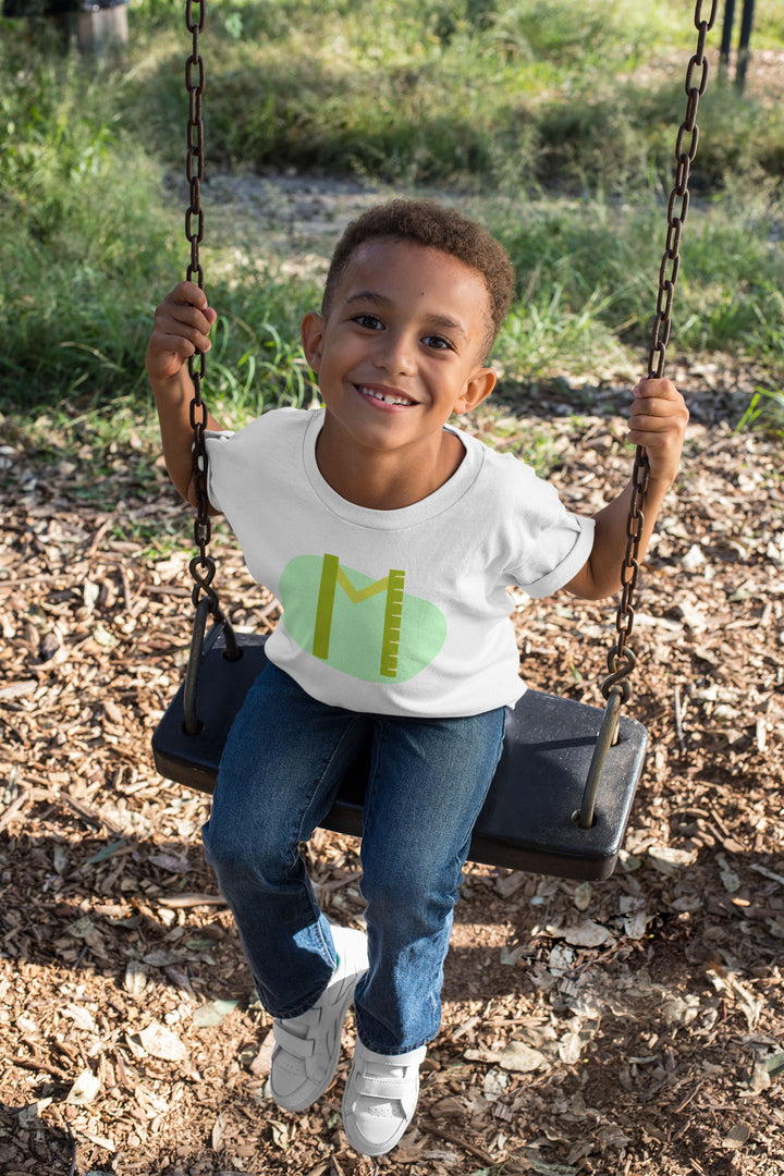 M Letter Alphabet Green Light Green. Short Sleeve T-shirt For Toddler And Kids.
