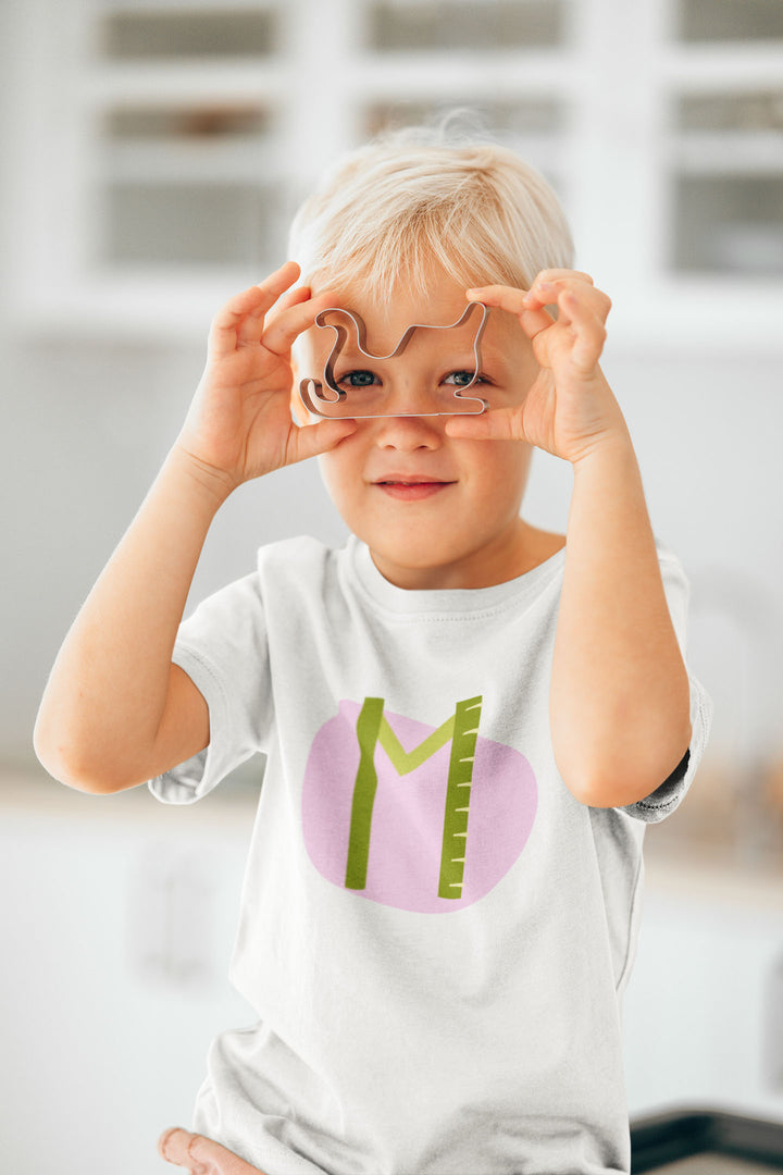 M Letter Alphabet Green Pink. Short Sleeve T-shirt For Toddler And Kids.
