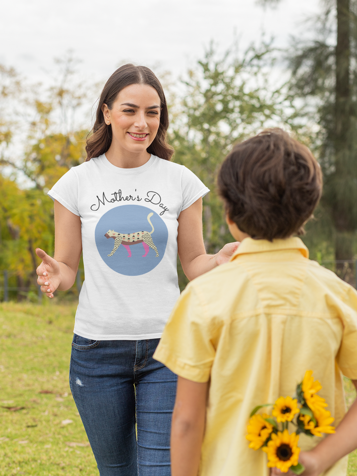 Mother's Day, walking tiger in true blue. Short sleeve t shirt for mama. - TeesForToddlersandKids -  t-shirt - MAMA - mothers-day-walking-tiger-and-true-blue-short-sleeve-t-shirt