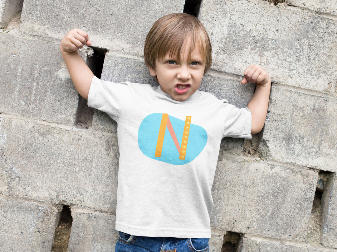 N Letter Alphabet Orange Turqoise. Short Sleeve T-shirt For Toddler And Kids.