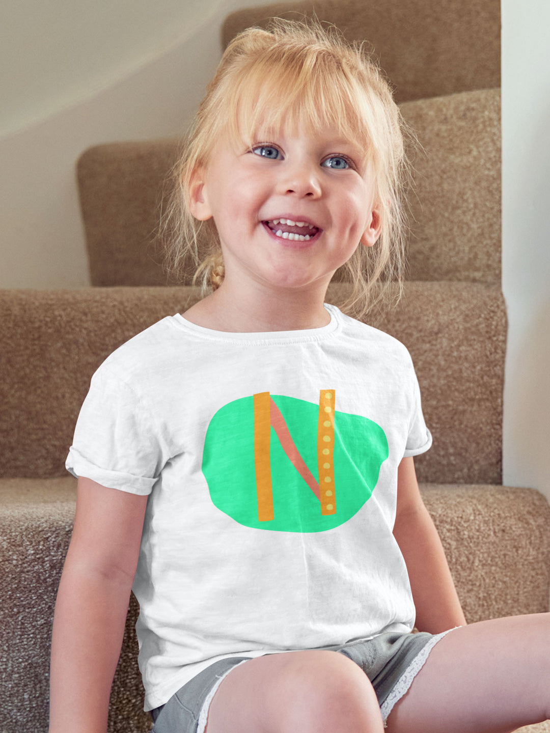N Letter Alphabet Orange Bright Green. Short Sleeve T-shirt For Toddler And Kids.