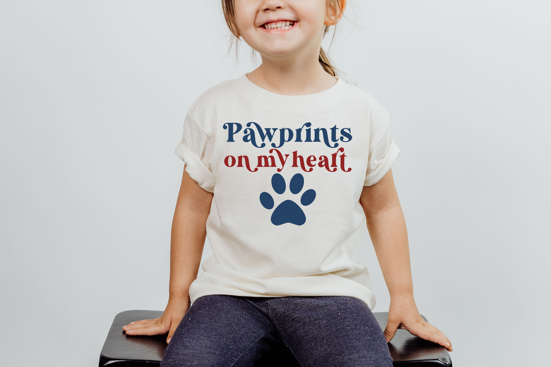 Pawprints On My Heart Navy And Red Lines. Short Sleeve T Shirt For Toddler And Kids. - TeesForToddlersandKids -  t-shirt - positive - pawprints-on-my-heart-navy-and-red-lines-short-sleeve-t-shirt-for-toddler-and-kids