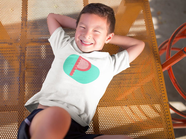 P Letter Alphabet Raspberry Turquoise. Short Sleeve T-shirt For Toddler And Kids.
