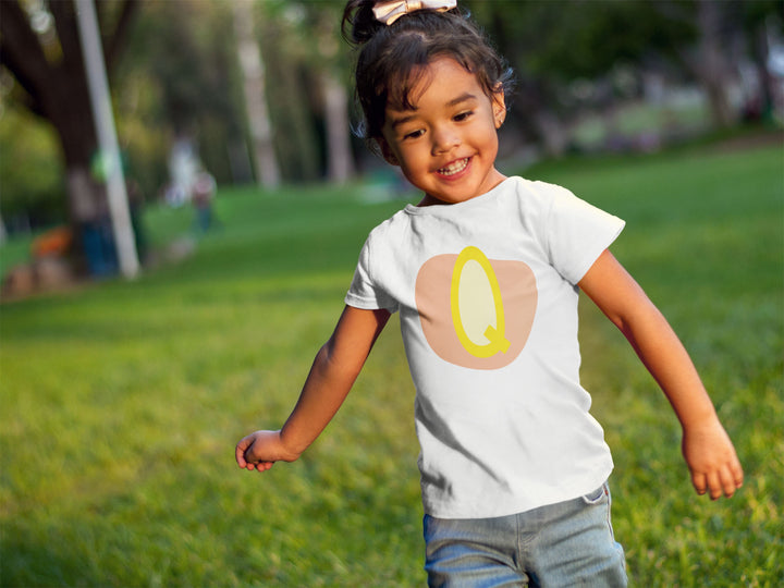 Q Letter Alphabet Yellow Light Coral. Short Sleeve T-shirt For Toddler And Kids.
