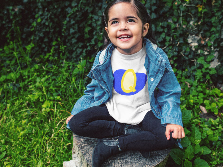 Q Letter Alphabet Yellow Blue Royale. Short Sleeve T-shirt For Toddler And Kids.