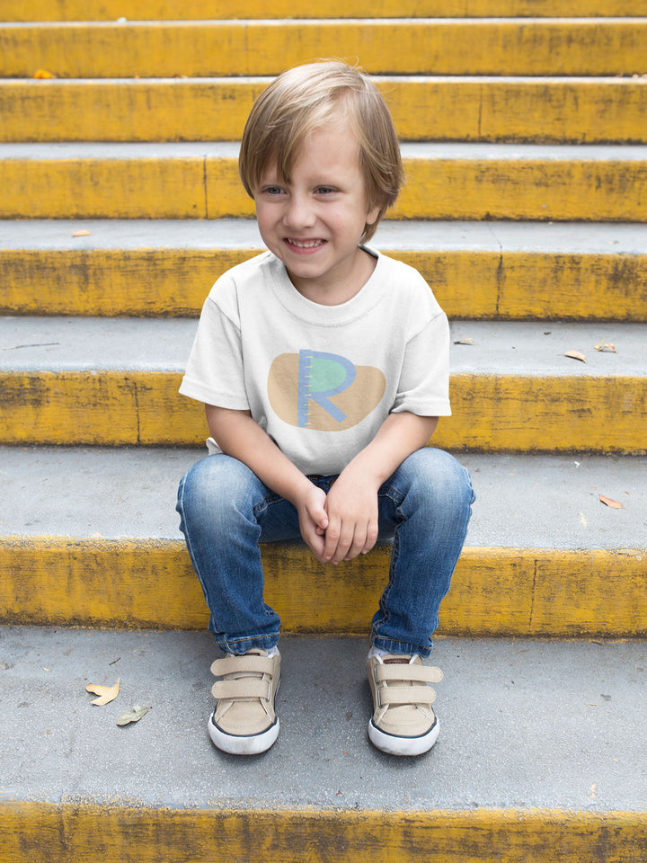 R Letter Alphabet Blue Beige. Short Sleeve T-shirt For Toddler And Kids.
