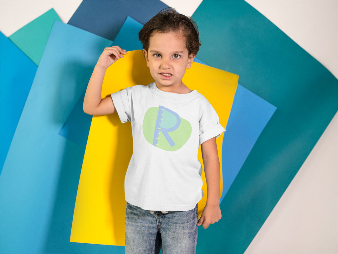 R Letter Alphabet Blue Light Green. Short Sleeve T-shirt For Toddler And Kids.