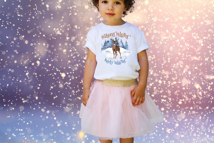 Silent night. Holy Night. With forest deer. Short sleeve t shirt for toddler and kids. - TeesForToddlersandKids -  t-shirt - christmas, holidays - silent-night-holy-night-with-forest-deer-short-sleeve-t-shirt-for-toddler-and-kids