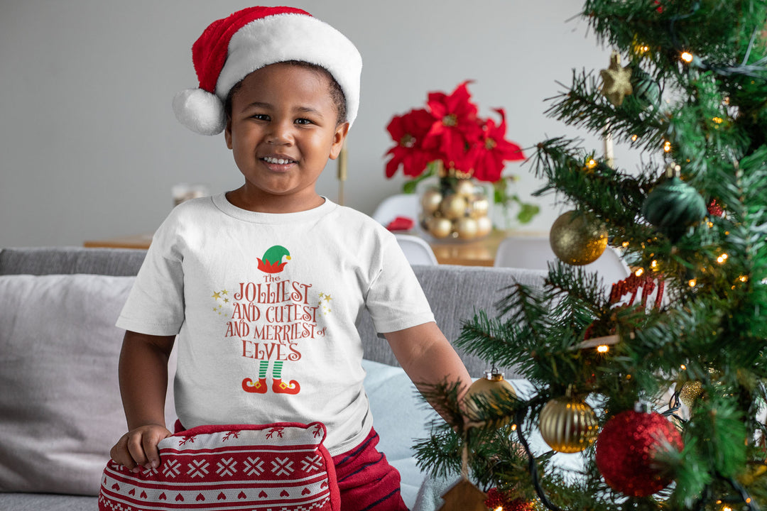 The Jolliest And Cutest And Merriest Of Elves. Short Sleeve T Shirts For Toddlers And Kids. - TeesForToddlersandKids -  t-shirt - christmas, holidays - the-jolliest-and-cutest-and-merriest-of-elves-short-sleeve-t-shirts-for-toddlers-and-kids