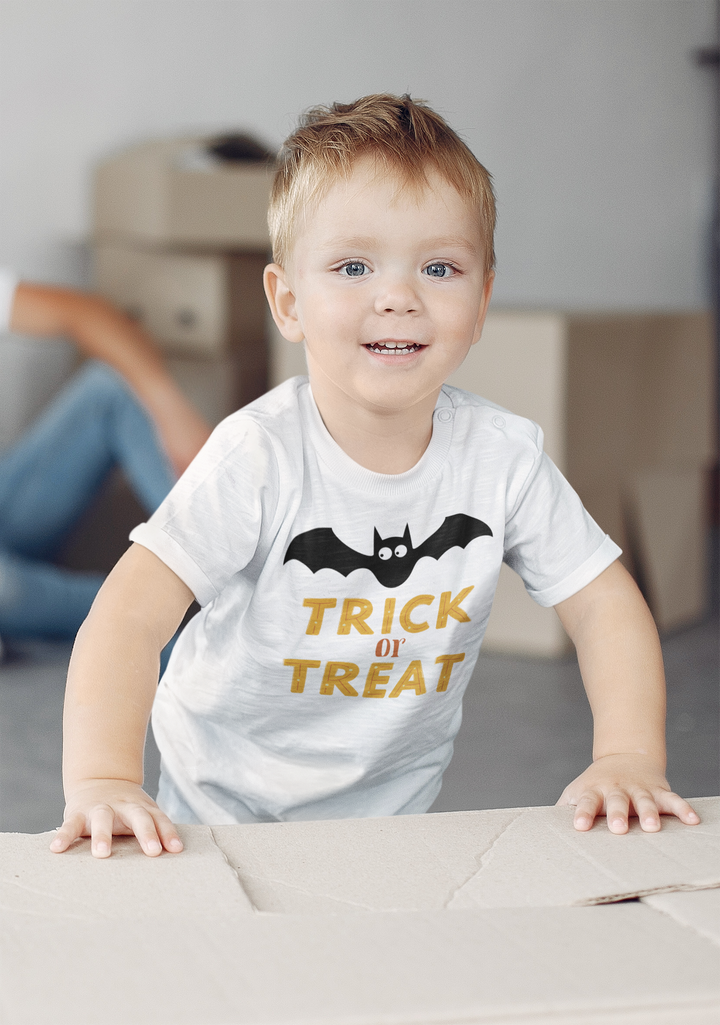 Trick or treat with bat.           Halloween shirt toddler. Trick or treat shirt for toddlers. Spooky season. Fall shirt kids.