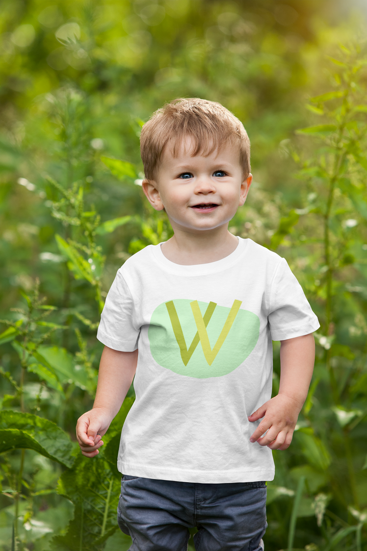 W letter alphabet green on light green.  Short sleeve t-shirt for toddler and kids.