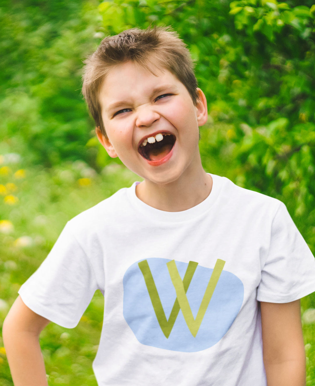 W Letter Alphabet Green Light Blue. Short Sleeve T-shirt For Toddler And Kids.
