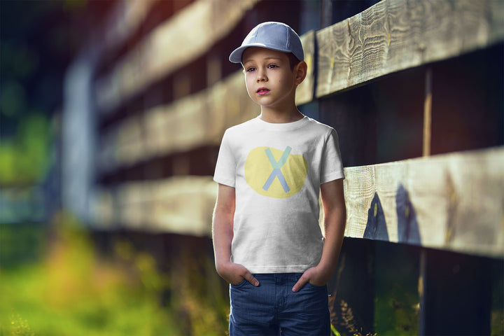X Letter Alphabet Blue Yellow. Short Sleeve T-shirt For Toddler And Kids.