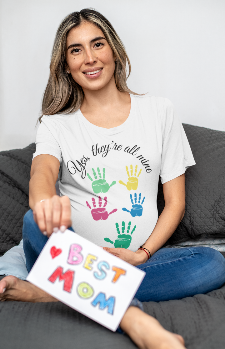 Yes, they're all mine, 5 little hands. Short sleeve t shirt for mamas. - TeesForToddlersandKids -  t-shirt - MAMA - yes-theyre-all-mine-with-5-little-hands-short-sleeve-t-shirt
