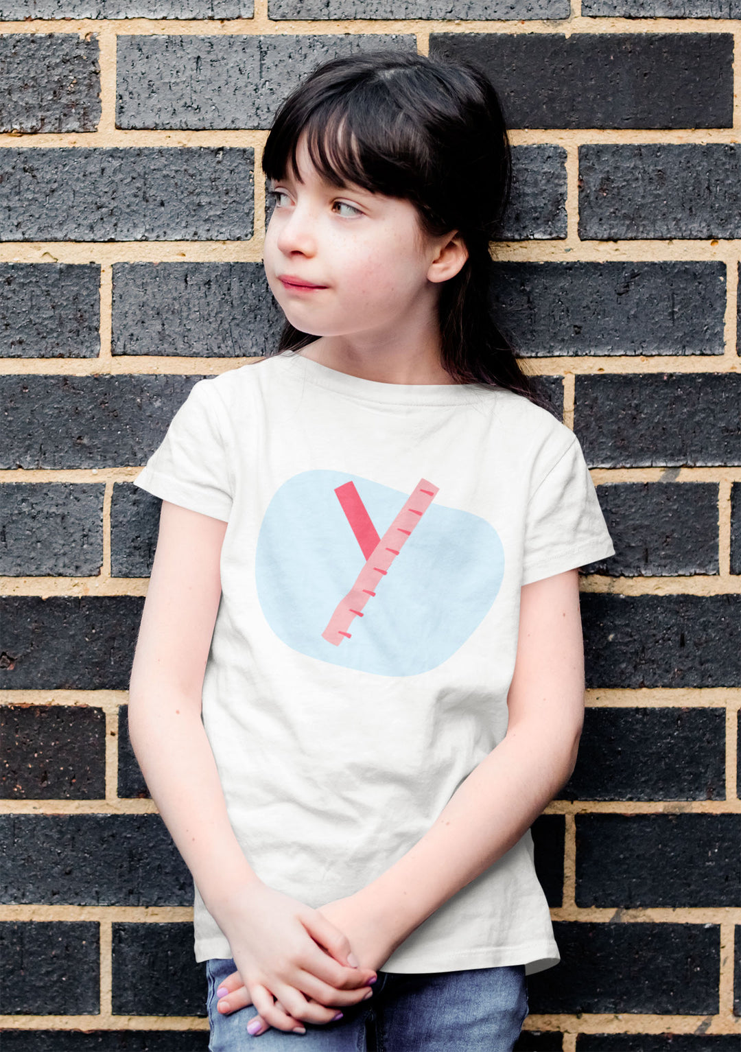 Y Letter Alphabet Raspberry Light Blue. Short Sleeve T-shirt For Toddler And Kids.