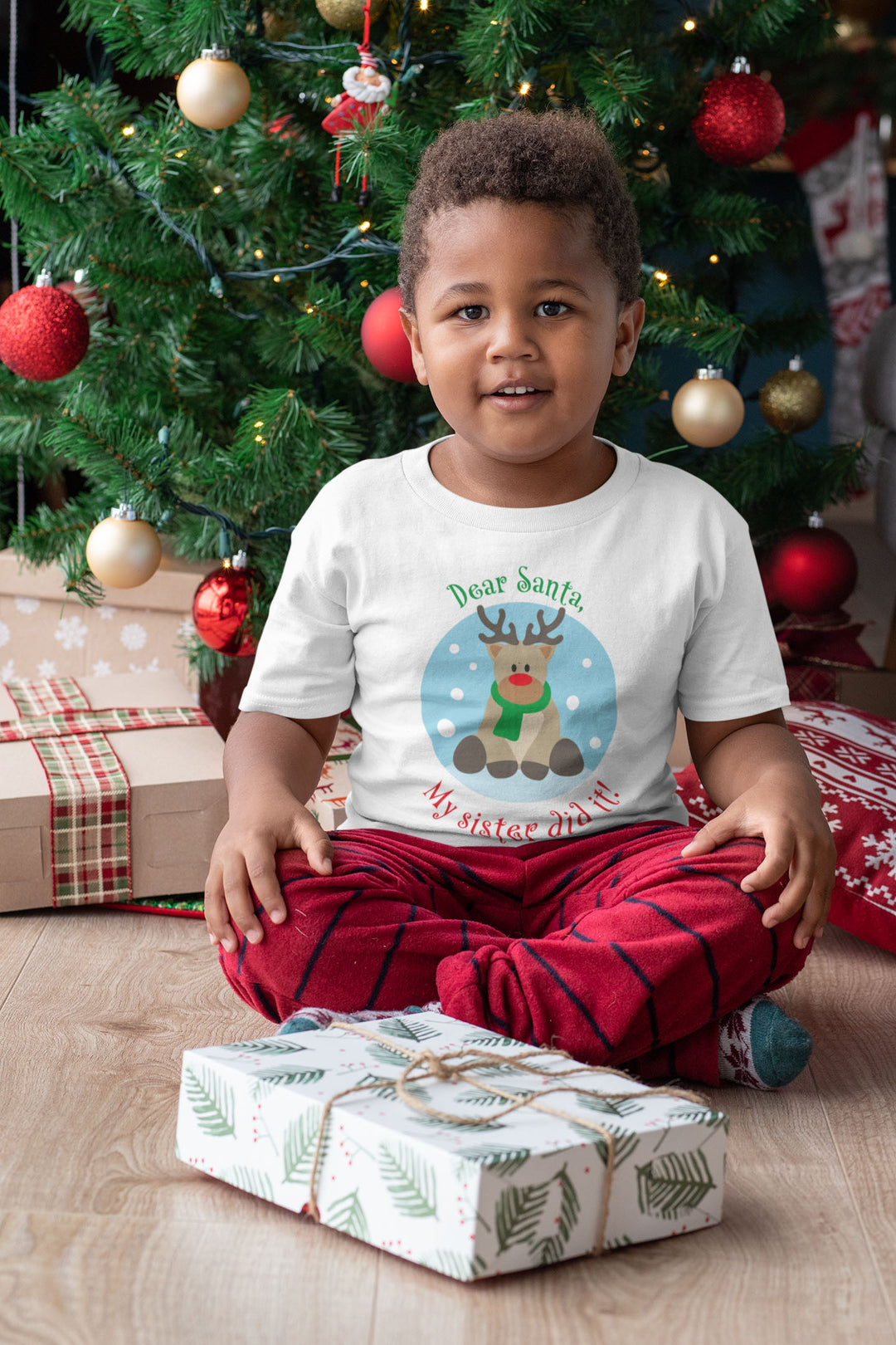 Dear Santa, My Sister Did It! Short Sleeve T Shirts For Toddlers And Kids. - TeesForToddlersandKids -  t-shirt - christmas, holidays - dear-sante-my-sister-did-it-short-sleeve-t-shirts-for-toddlers-and-kids