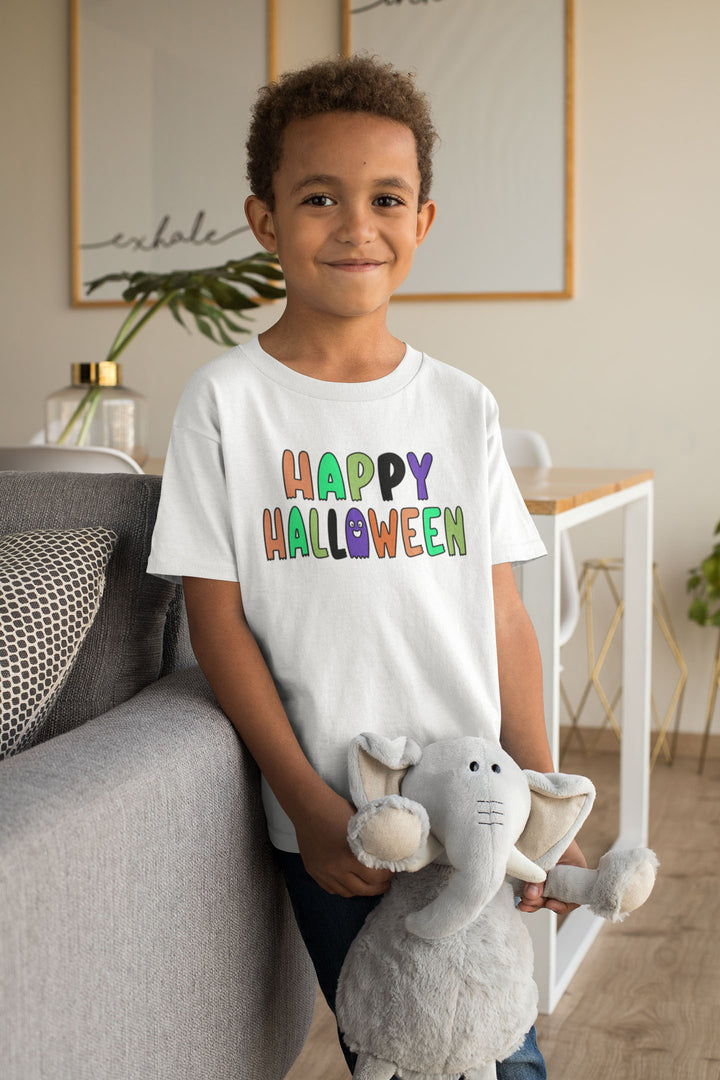 Happy Halloween Outlined Letters With Cute Ghost.          Halloween shirt toddler. Trick or treat shirt for toddlers. Spooky season. Fall shirt kids.