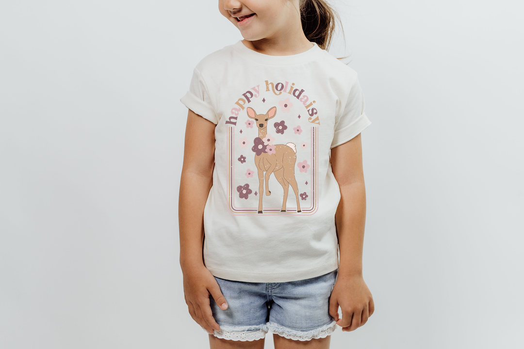 Happy Holidaisy. Toddler Christmas shirt, deer and flowers.