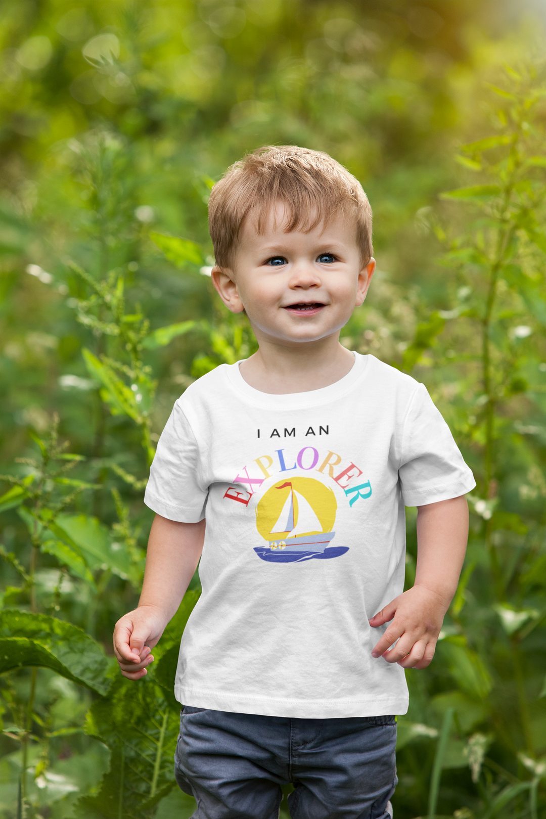 I am an explorer, with sailboat. Short sleeve t shirt for toddler and kids. - TeesForToddlersandKids -  t-shirt - positive - i-am-an-explorer-with-sailboat-short-sleeve-t-shirt-for-toddler-and-kids