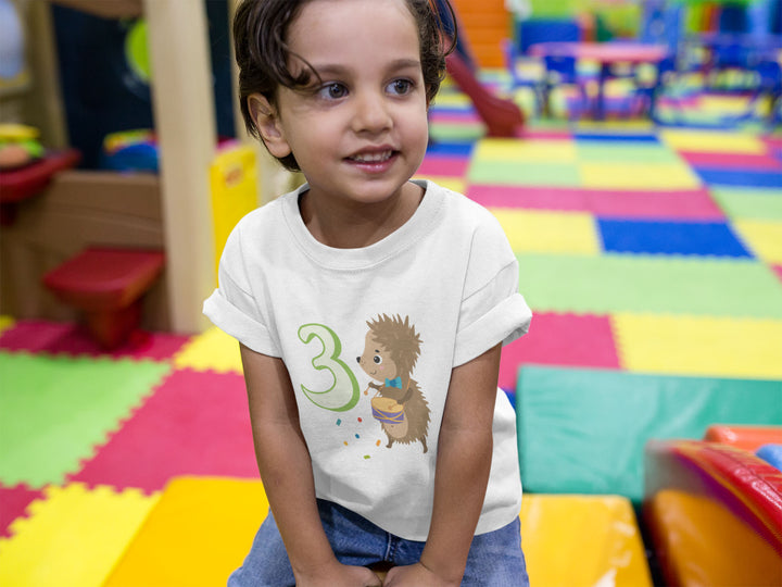 3 Year Birthday Cute Hedgehog Green. Short Sleeve T Shirt For Toddler And Kids. - TeesForToddlersandKids -  t-shirt - birthday - 3-year-birthday-cute-hedgehog-green-short-sleeve-t-shirt-for-toddler-and-kids