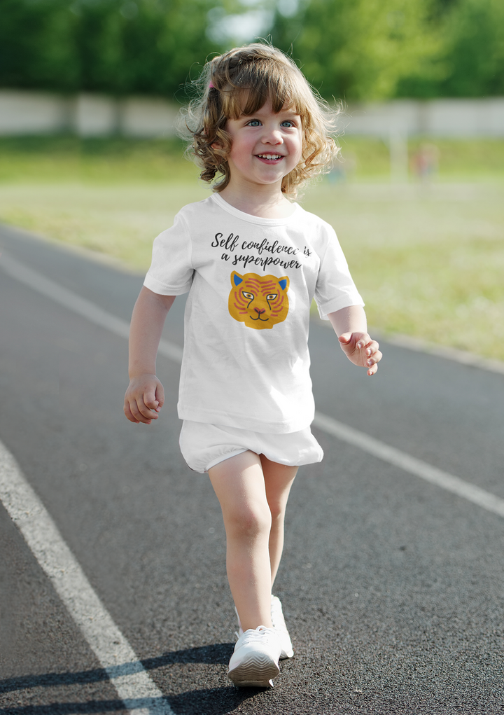 Self confidence is a superpower. Girl power t-shirts for Toddlers and Kids.