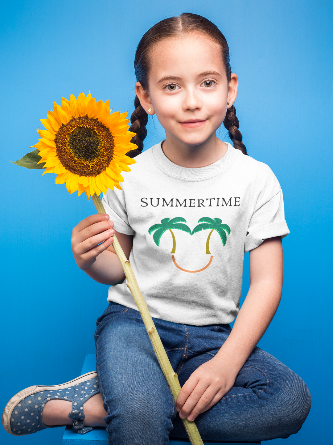 Summertime, II. Palm trees and a smile. Short sleeve t shirt for toddler and kids. - TeesForToddlersandKids -  t-shirt - seasons, summer - summertime-palm-trees-and-a-smile-short-sleeve-t-shirt